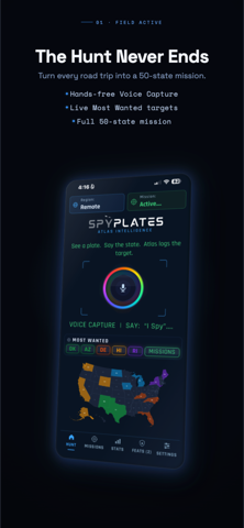 SpyPlates hunt screen with live Voice Capture, Most Wanted targets, and the collection map