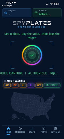SpyPlates live hunt screen confirming a target with Voice Capture